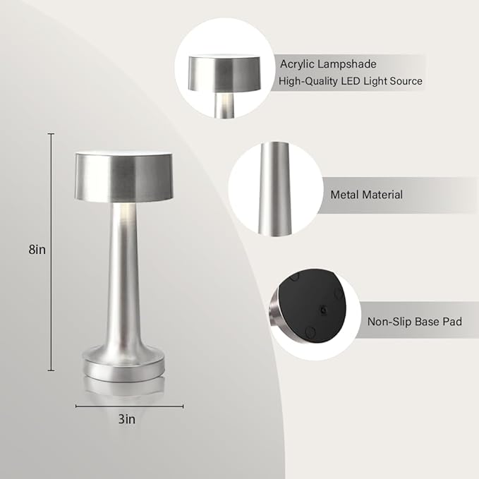 Portable LED Table Lamp, 3-Levels Brightness Metal Desk Lamp, 3 Color Touch Control Rechargeable Lamp, Night Light, Bedside Lamp,Dining Room Lamp,Gifts for Friends (Silver) - LeafyLoom
