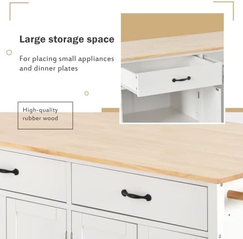 Elefesign FridayParts Kitchen Island Cart with Solid Wood Top and Locking Wheels, 54.3 Inch Width, 4 Door Cabinet and Two Drawers, Spice Rack, Towel Rack, White - LeafyLoom