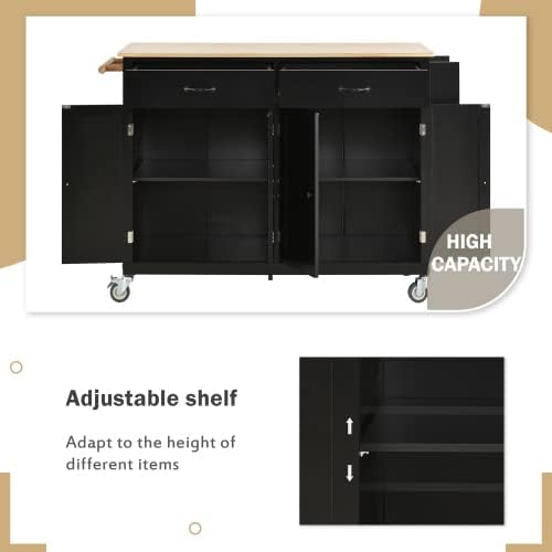 Elefesign FridayParts Kitchen Island Cart with Solid Wood Top and Locking Wheels, 54.3 Inch Width, 4 Door Cabinet and Two Drawers, Spice Rack, Towel Rack, Black - LeafyLoom