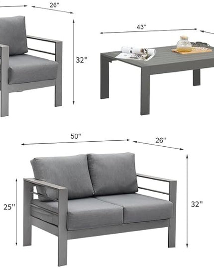 Solaste Outdoor Aluminum Furniture Set - 4 Pieces Patio Sectional Chat Sofa Conversation Set with Table,Grey - LeafyLoom
