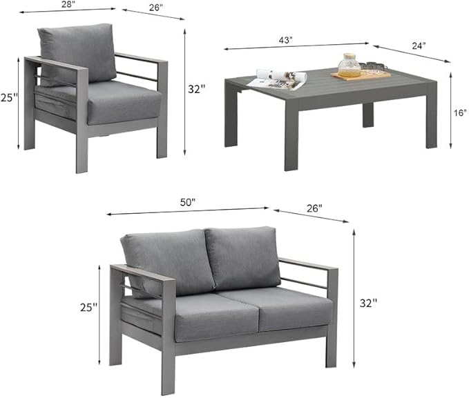 Solaste Outdoor Aluminum Furniture Set - 4 Pieces Patio Sectional Chat Sofa Conversation Set with Table,Grey - LeafyLoom