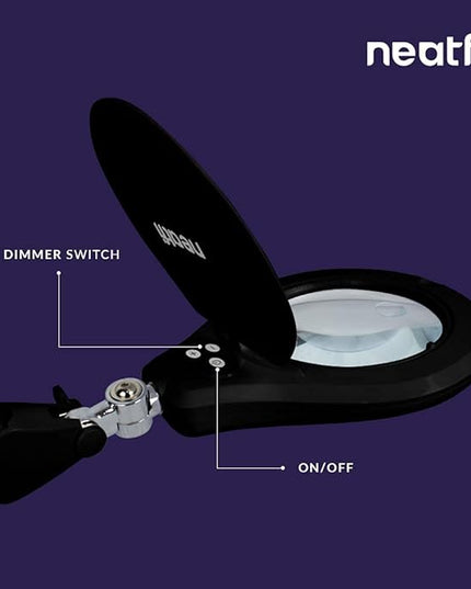 Neatfi Elite XL HD Bifocals Super LED Magnifying Lamp with Clamp, Glass Lens, 6500K, Glare-Free, Nonpolar Dimming (6 Inch Lens, Black) - LeafyLoom