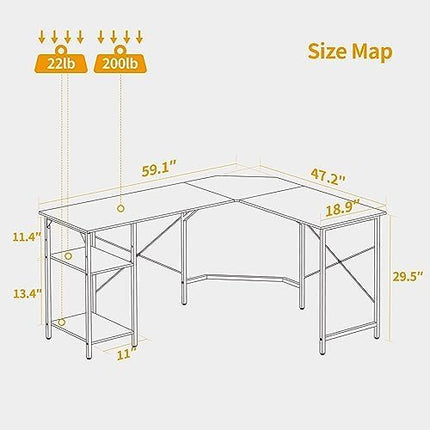 CubiCubi L Shaped Desk, 59.1 Inch Reversible Corner Desk with Storage Shelves, Home Office Desk for Writing Gaming Study, Rustic Brown - LeafyLoom