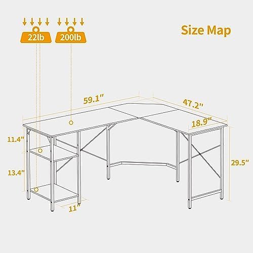 CubiCubi L Shaped Desk, 59.1 Inch Reversible Corner Desk with Storage Shelves, Home Office Desk for Writing Gaming Study, Rustic Brown - LeafyLoom