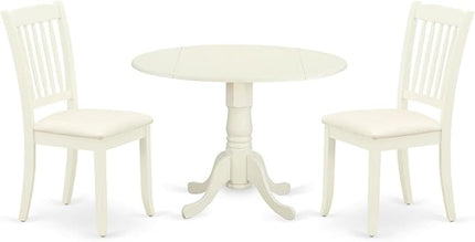 East West Furniture DLDA3-WHI-C Dublin 3 Piece Kitchen Set for Small Spaces Contains a Round Dining Room Table with Dropleaf and 2 Fabric Upholstered Chairs, 42x42 Inch, Linen White - LeafyLoom