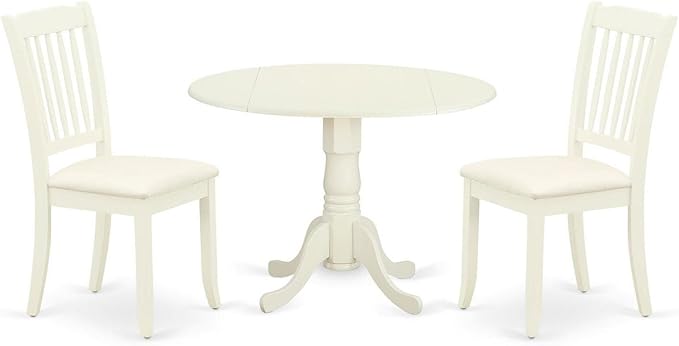 East West Furniture DLDA3-WHI-C Dublin 3 Piece Kitchen Set for Small Spaces Contains a Round Dining Room Table with Dropleaf and 2 Fabric Upholstered Chairs, 42x42 Inch, Linen White - LeafyLoom