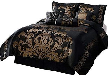Chezmoi Collection 7-Piece Royale Jacquard Floral Comforter Set, Full/Double, Black/Gold - LeafyLoom