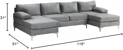 Modern Large Velvet Fabric U-Shape Sectional Sofa, Double Extra Wide Chaise Lounge Couch, Grey - LeafyLoom