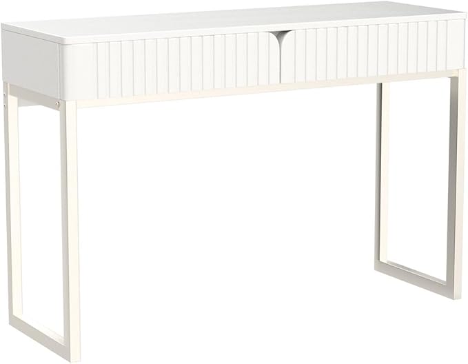 White Vanity Desk with 2 Drawers, Silver and White Desk,Home Office Desk Modern Makeup Vanity Table with Glossy Desktop,Writing Computer Standing Desk with Wood Top and Metal Legs - LeafyLoom