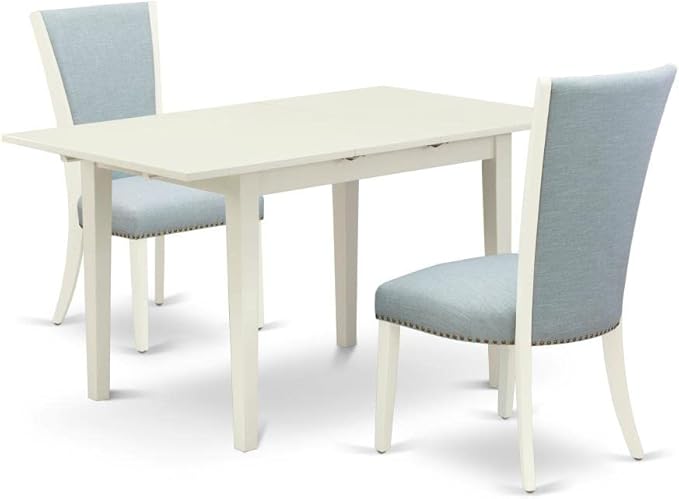East West Furniture Norfolk 3 Piece Set Contains a Rectangle Dining Room Table with Butterfly Leaf and 2 Baby Blue Linen Fabric Upholstered Chairs, 32x54 Inch, NFVE3-LWH-15 - LeafyLoom