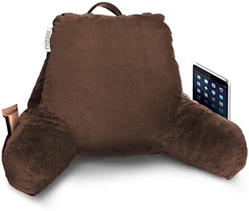Nestl Reading Pillow with Portable Laptop Lap Desk, Velvet Feel Back Pillow for Sitting in Bed, Shredded Memory Foam Back Support Pillow for Bed, Bed Rest Pillow with Arms, Small - Brown - LeafyLoom