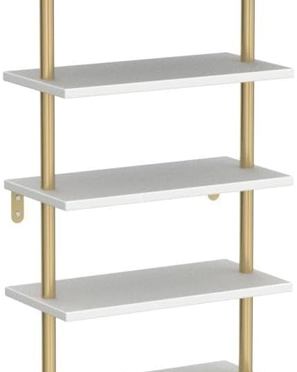 Ladder Shelf Bookcase 5 Tier, Extra Sturdy Modern Bookshelf Wall Mounted, Tall Standing Open Shelf White and Gold, Industrial Metal Frame with Wooden Shelf - LeafyLoom