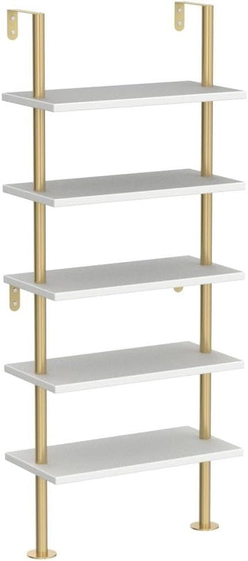 Ladder Shelf Bookcase 5 Tier, Extra Sturdy Modern Bookshelf Wall Mounted, Tall Standing Open Shelf White and Gold, Industrial Metal Frame with Wooden Shelf - LeafyLoom