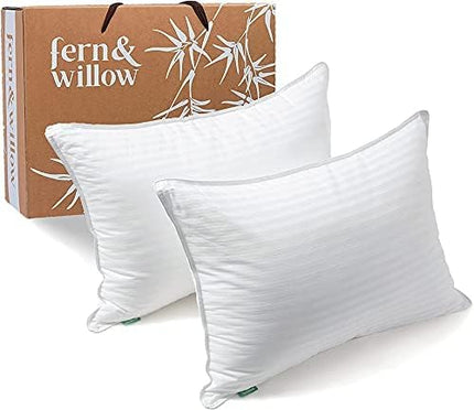 Fern and Willow Pillows for Sleeping - Set of 2 Queen Size 20"x28" Down Alternative Pillow Set w/Luxury Plush Cooling Material for Side, Back & Stomach Sleepers - LeafyLoom
