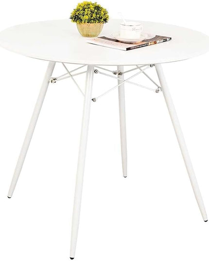 White Round Dining Table Round Table Dia 31.5" Wood Top Metal Legs Simple Modern Kitchen Table for 2 to 4 People Small Place Cafe Office Conference - LeafyLoom