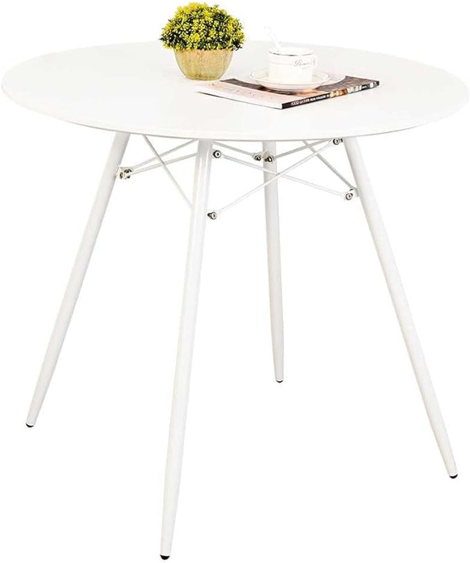 White Round Dining Table Round Table Dia 31.5" Wood Top Metal Legs Simple Modern Kitchen Table for 2 to 4 People Small Place Cafe Office Conference - LeafyLoom