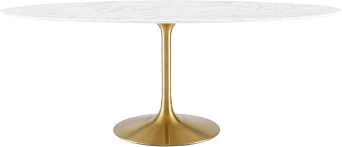 Modway Lippa 78" Oval-Shaped Mid-Century Modern Dining Table with Artificial Marble Top and Gold Base - LeafyLoom
