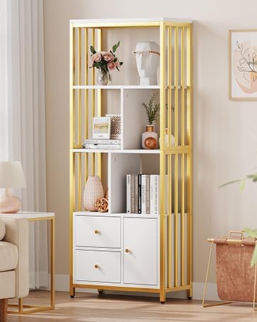 IDEALHOUSE Bookshelf with Drawers Modern Bookcase Storage Rack Shelf Tall Standing Bookshelves Metal Frame Large Gold Display Racks Book Shelf for Bedroom, Living Room, Home Office - LeafyLoom