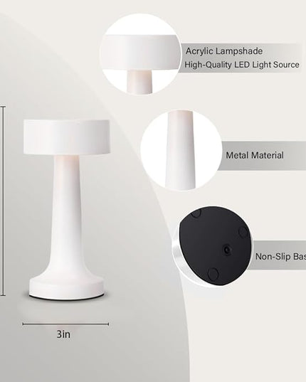 Portable LED Table Lamp, 3-Levels Brightness Metal Desk Lamp, 3 Color Touch Control Rechargeable Lamp, Night Light, Bedside Lamp,Dining Room Lamp,Gifts for Friends (White) - LeafyLoom