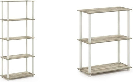 Furinno 5-Tier Multipurpose Shelf and 3-Tier Compact Shelf Bundle, Sonoma Oak/White - LeafyLoom
