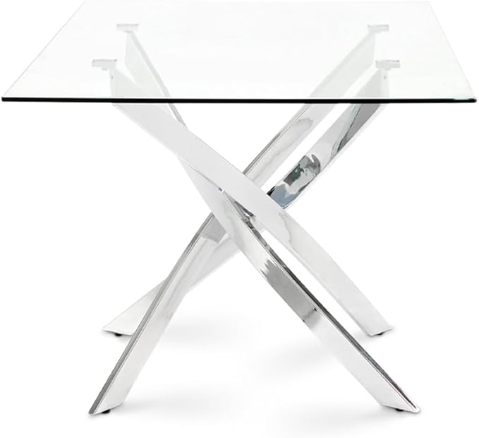 Uptown Club Glass Dining Table with Versatile Rectangular Designs, Tempered Surfaces, and Sturdy Bases for Modern Homes, Seats 4 to 8 People, Elegant Statement Piece, 63" x 36" Silver - LeafyLoom