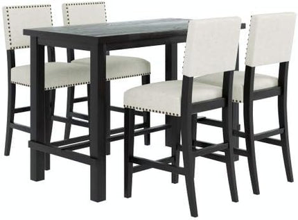 5-Piece Furniture, Wooden Rectangular Dining Table Set with 4 Upholstered Backrest Chairs Family for Kitchen, Black and Beige - LeafyLoom