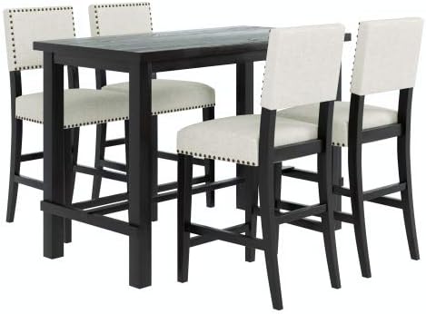 5-Piece Furniture, Wooden Rectangular Dining Table Set with 4 Upholstered Backrest Chairs Family for Kitchen, Black and Beige - LeafyLoom