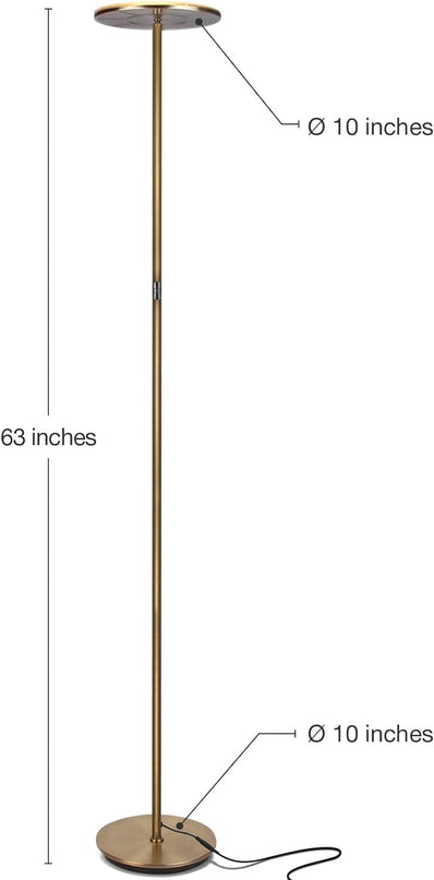 Brightech Sky LED Floor lamp for Living Rooms & Offices -Torchiere Super Bright , Dimmable, Tall Standing Lamp for Bedroom Reading - Gold Brass - LeafyLoom