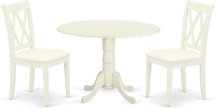 East West Furniture DLCL3-WHI-C Dublin 3 Piece Set for Small Spaces Contains a Round Dining Room Table with Dropleaf and 2 Fabric Upholstered Chairs, 42x42 Inch, Linen White - LeafyLoom