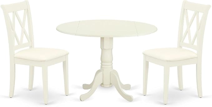 East West Furniture DLCL3-WHI-C Dublin 3 Piece Set for Small Spaces Contains a Round Dining Room Table with Dropleaf and 2 Fabric Upholstered Chairs, 42x42 Inch, Linen White - LeafyLoom