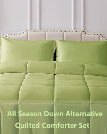 Queen Comforter Set 3 Pieces - Goose Down Alternative with 2 Pillow Shams - Extra Thick - Soft and Comfortable - Machine Washable (Queen,Green) - LeafyLoom