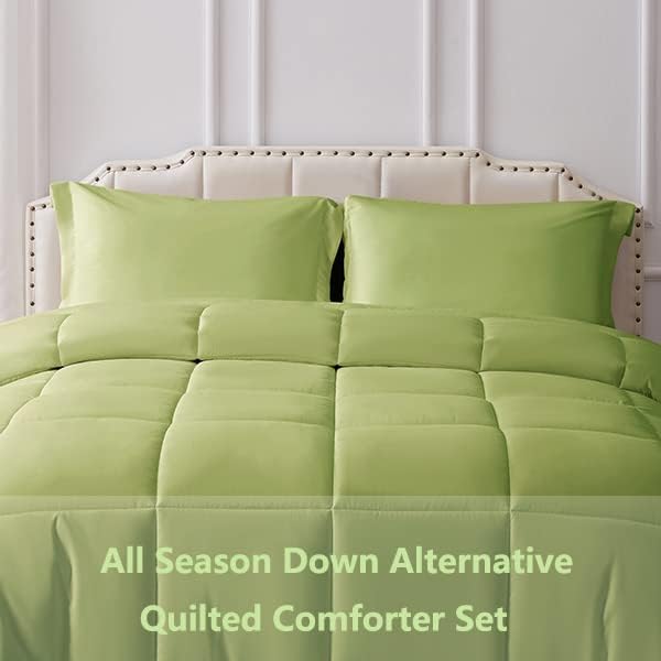 Queen Comforter Set 3 Pieces - Goose Down Alternative with 2 Pillow Shams - Extra Thick - Soft and Comfortable - Machine Washable (Queen,Green) - LeafyLoom
