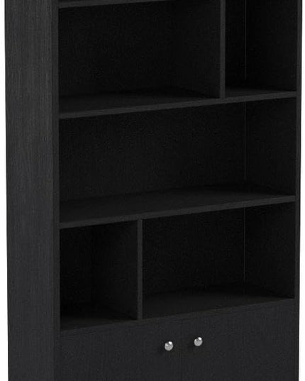 Modern Bookcase with 2 doors 68" Tall Storage Wooden Bookshelf with 7 Compartments for Home Office, Black - LeafyLoom