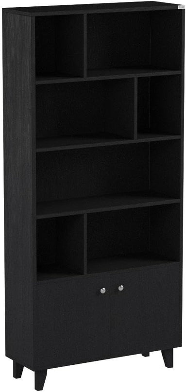 Modern Bookcase with 2 doors 68" Tall Storage Wooden Bookshelf with 7 Compartments for Home Office, Black - LeafyLoom