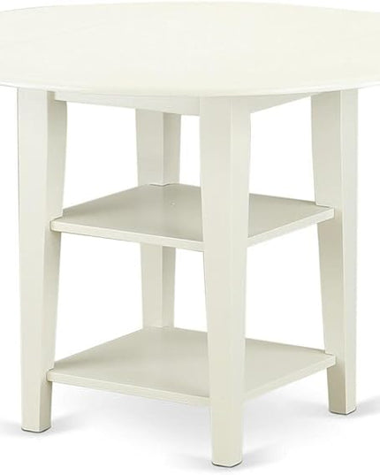 East West Furniture SUWE3-LWH-W Sudbury 3 Piece Modern Set Contains a Round Wooden Table with Dropleaf & Shelves and 2 Dining Room Chairs, 42x42 Inch, Linen White - LeafyLoom