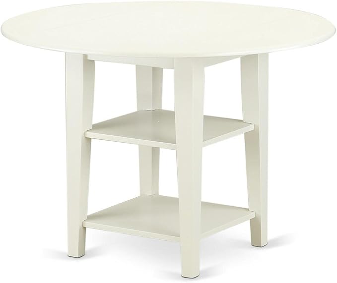 East West Furniture SUWE3-LWH-W Sudbury 3 Piece Modern Set Contains a Round Wooden Table with Dropleaf & Shelves and 2 Dining Room Chairs, 42x42 Inch, Linen White - LeafyLoom