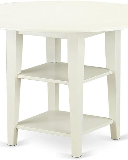 East West Furniture SUWE5-LWH-W 5 Piece Set Includes a Round Dining Room Table with Dropleaf & Shelves and 4 Kitchen Chairs, 42x42 Inch, Linen White - LeafyLoom