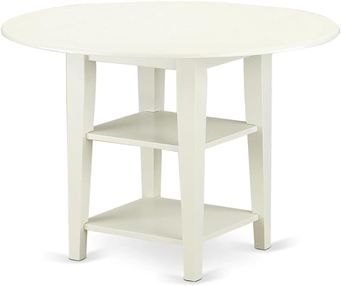 East West Furniture SUWE5-LWH-W 5 Piece Set Includes a Round Dining Room Table with Dropleaf & Shelves and 4 Kitchen Chairs, 42x42 Inch, Linen White - LeafyLoom