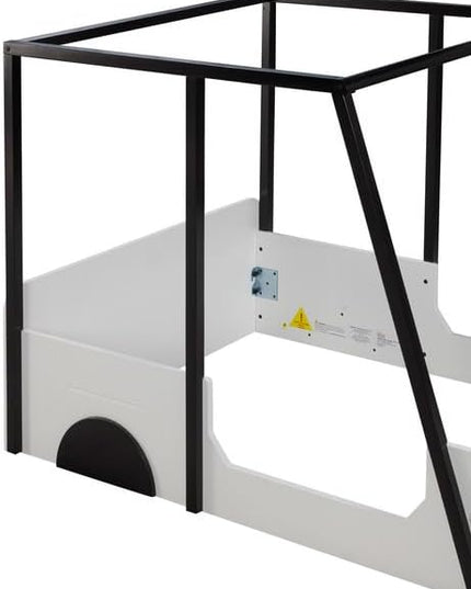 Toddler Twin Size Car Bed with Roof & Door,Wooden Car-Shaped Floor Bedframe W/Safety Guardrail,Racecar Design,Easy Assembly,Montessori Inspired Bedroom Furniture for Boys Kids Teens,Black - LeafyLoom