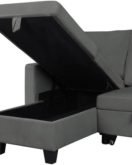 L-Shape Convertible Sleeper Sectional Sofa, with Storage Chaise & Pull-Out Bed, 82.5" Linen Upholstered Reversible Corner 3 Person Couch, Button Tufted Backrest, for Apartment - Dark Gray - LeafyLoom