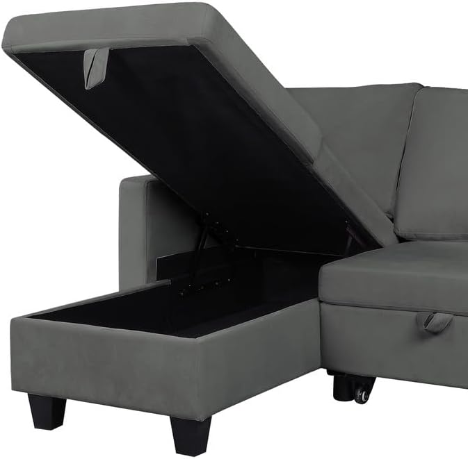 Reversible Velvet Sectional Couch with Storage Chaise, L-Shaped 3 Seater Corner Sleeper Pull Out Sofa Bed for Living Room Apartment Small Space, Dark Gray, 82.5 - LeafyLoom