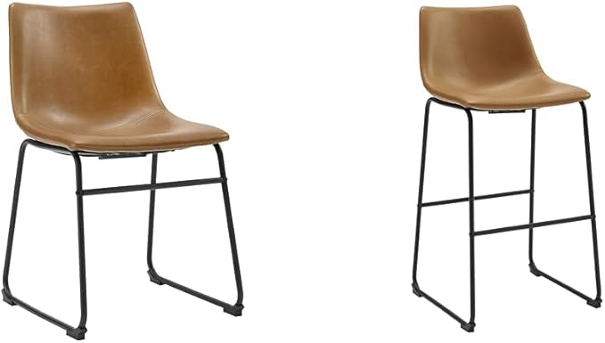 Walker Edison Douglas Urban Industrial Faux Leather Armless Dining Chairs, Set of 2, Whiskey Brown & Douglas Urban Industrial Faux Leather Armless Lounge Kitchen Bar Chairs, Set of 2, Whiskey Brown - LeafyLoom