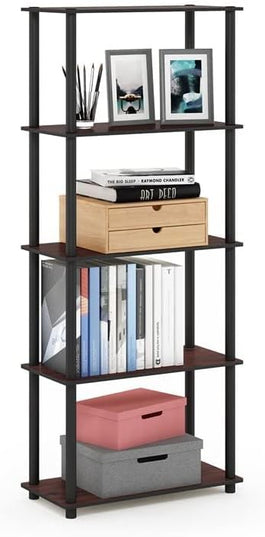 Furinno Turn-N-Tube 5-Tier Multipurpose Shelf / Display Rack / Storage Shelf / Bookshelf, Round Tubes, Dark Cherry/Black - LeafyLoom