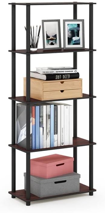 Furinno Turn-N-Tube 5-Tier Multipurpose Shelf / Display Rack / Storage Shelf / Bookshelf, Round Tubes, Dark Cherry/Black - LeafyLoom