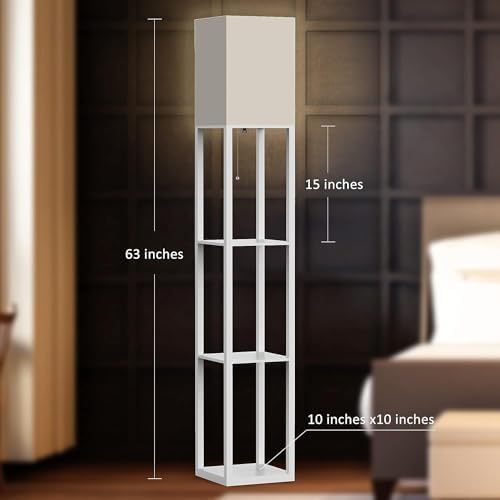 PAZZO Floor Lamp with Shelves by Solid Wood, Modern Shelf Floor Lamp with 3 Color Temperature, Linen Lampshade and Storage Shelves for Living Room, Bedroom, Bulb Included(White) - LeafyLoom