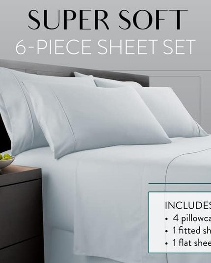 Danjor Linens King Size Sheets Set - 6 Piece Set Including 4 Pillowcases - Deep Pockets - Breathable, Soft Bed Sheets - Wrinkle Free - Machine Washable - Ice Blue King Bed Sheets - 6 pc - LeafyLoom