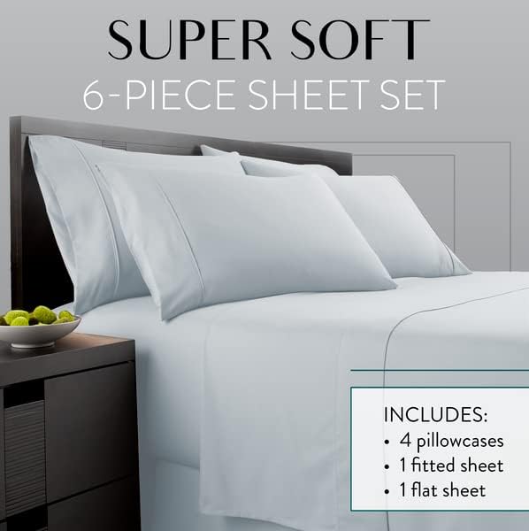 Danjor Linens King Size Sheets Set - 6 Piece Set Including 4 Pillowcases - Deep Pockets - Breathable, Soft Bed Sheets - Wrinkle Free - Machine Washable - Ice Blue King Bed Sheets - 6 pc - LeafyLoom