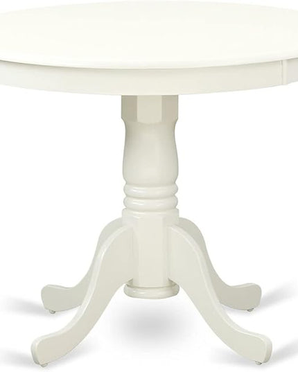 East West Furniture Antique 3 Piece Kitchen Set Contains a Round Dining Room Table with Pedestal and 2 Gray Fabric Upholstered Chairs, 36x36 Inch, Linen White - LeafyLoom