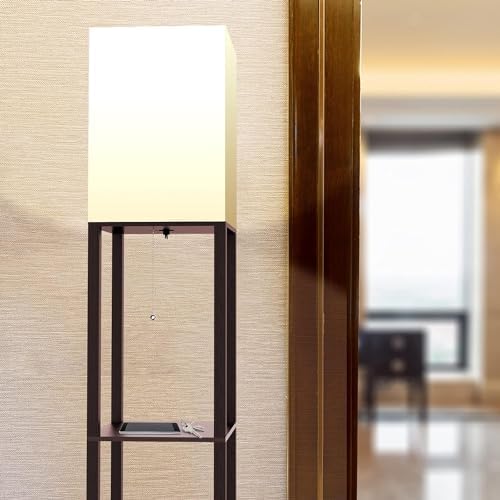 PAZZO Floor Lamp with Shelves by Solid Wood, Modern Shelf Floor Lamp with 3 Color Temperature, Linen Lampshade and Storage Shelves for Living Room, Bedroom, Bulb Included(Brown) - LeafyLoom