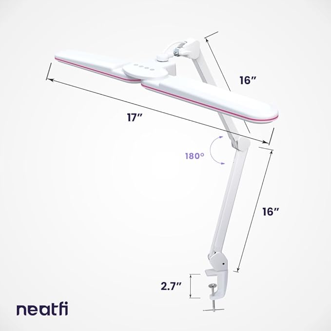 Neatfi Elite HD XL Task Lamp, 3 Light Modes, 90PCS SMD LED, Super Bright Desk Lamp, Eye-Caring LED Lamp, Non-Polar Dimming, Adjustable Brightness Levels (CCT with Clamp, Pink Ring, 17 Inches) - LeafyLoom